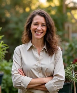Claire Brown, Community Relations Manager smiling with plants in background
