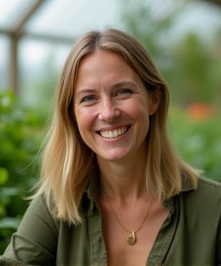 Joanna Smith, Founder and Managing Director smiling in a greenhouse setting