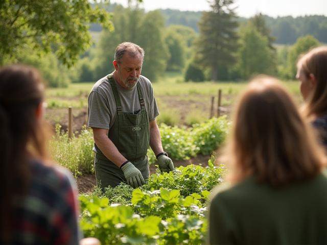 Group attending an organic gardening workshop outdoors with Greenfield Farm instructor