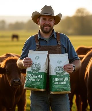 James feeding livestock at his farm with Greenfield Farm feed products