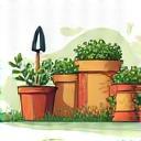 Icon illustrating garden and horticultural supplies like tools, pots, and soil