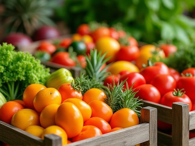 Fresh local farm produce displayed in baskets
