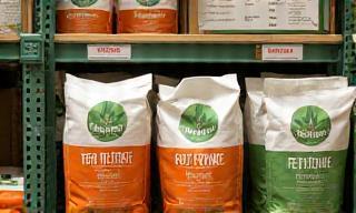 Eco-friendly fertilizer bags on shelf