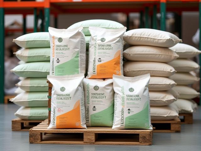 Bags of eco-friendly fertilizers stacked in warehouse