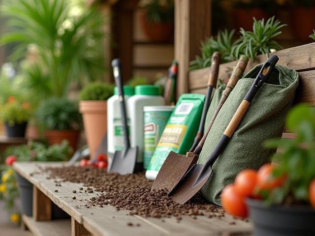 Garden tools and compost bags displayed in garden center