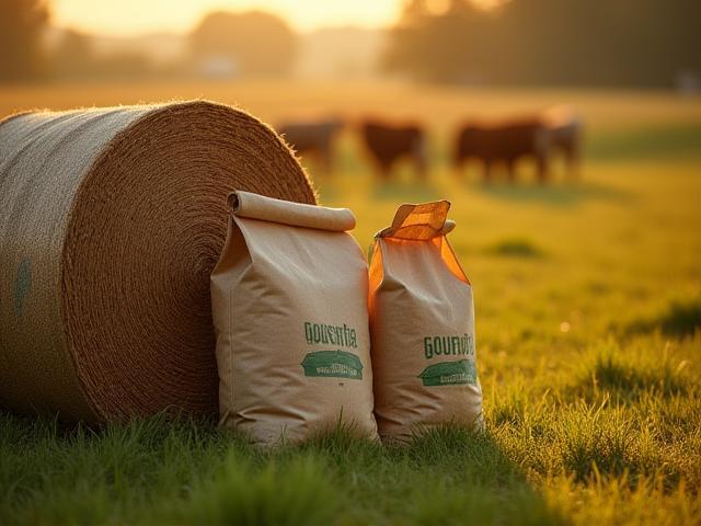 Bales and bags of nutritious livestock feed outdoors