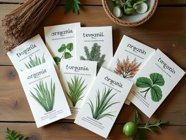 Packets of organic seeds arranged on rustic wooden table
